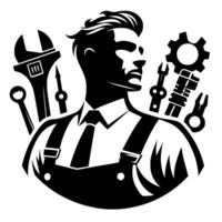A silhouetted mechanic in overalls and a tie, looking to the side with various tools around him, conveying professionalism and craftsmanship. vector