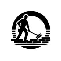A silhouetted construction worker applying mortar to a brick surface, enclosed within a stylized circular emblem. vector