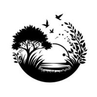 Monochrome nature silhouette a stylized landscape with a tree, lake, birds, and foliage, creating a serene and balanced composition within a circular frame. vector