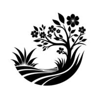 A stylized monochrome illustration of a blossoming tree within a circular landscape featuring flowing grass, evoking nature and a serene ambiance. vector