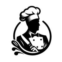 A stylized black and white chef silhouette, holding a knife and framed by a circular element and decorative flourishes, designed for branding. vector