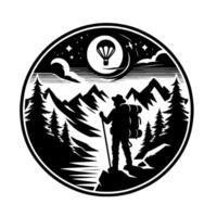 A monochrome illustration of a hiker with a backpack and staff, standing on a mountain peak, gazing at a hot air balloon under a starry night sky, framed by a circle with trees and mountains. vector