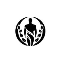 A minimalist black and white symbolizing wellness, featuring a muscular human figure within a circular frame of leaves and a central, flowing element. vector