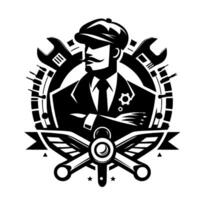 A monochrome mechanic showcasing a distinguished figure in a cap, crossed arms, encircled by tools and wings, suggesting precision and expertise. vector