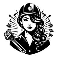 Elegant female engineer in black and white holding a wrench, surrounded by decorative elements and wearing a hard hat vector