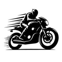Bold silhouette of a rider on a racing motorcycle, emphasizing speed and motion with streaking lines and a dynamic composition, black and white art. vector
