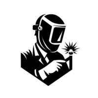 A bold black and white featuring a welder, with a modern, stylized depiction holding a torch emanating a fiery spark, on a clean white background. vector