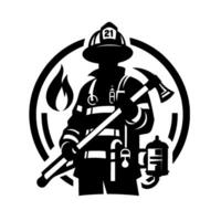 Bold black and white firefighter silhouette within a circle, holding tools with a flame, number on helmet, emblem of bravery. vector