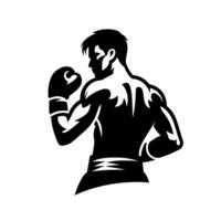 Powerful black and white illustration of a boxer in a defensive stance, showcasing musculature and focus against a stark white background. vector
