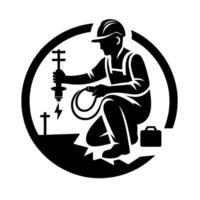 Silhouette of an electrician in a circle, kneeling, wiring, with tools, and a case. vector