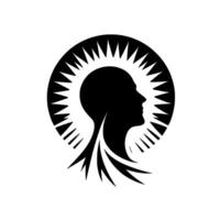 Silhouette of a human head in profile, encircled by a radiating sunburst design, symbolizing enlightenment and inner peace. vector