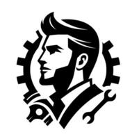 A stylized black and white portrait of a man with a modern hairstyle, integrated with a gear, wrench, and engine elements, representing mechanical expertise and engineering. vector