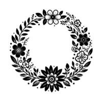 A symmetrical monochrome floral wreath, intricately designed with stylized flowers, leaves, and delicate sprigs, creating a harmonious circular arrangement. vector