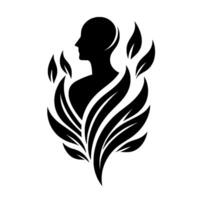 A silhouette of a person facing left surrounded by stylized leaves, a minimalist black and white design. vector