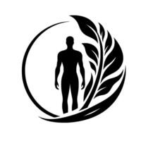 A silhouetted human figure stands within a black circle, flanked by stylized leaves, representing harmony of nature and the body. vector