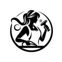 Elegant silhouette a woman in silhouette, using a spray tool, encased within a circular frame, hinting at beauty or selfcare services. vector
