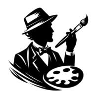 Elegant silhouette of a gentleman artist in a hat holding a paintbrush and palette, executed in a minimalist black and white style vector