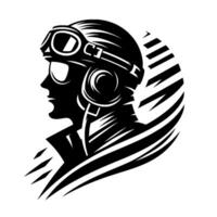Silhouette of a vintage aviator in profile, wearing goggles and a headset, with a dynamic, radial evoking motion and speed. vector