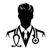 Silhouette of a doctor a minimalist black and white portraying a medical professional with a stethoscope, coat, and tie, set against a clean, white backdrop. vector
