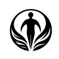 A minimalist black and white depicting a human figure within a circular frame, adorned with stylized leaflike elements, evoking growth and unity. vector