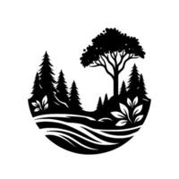 A monochrome forest landscape illustration, within a circular frame. features trees, foliage, a river, and a hidden moon, all rendered with contrasting black and white. vector