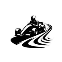 Sleek black and white silhouette of a kart racer navigating a winding track, suggesting speed, precision, and competition. vector