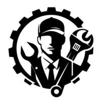 A striking black and white emblem showcasing a mechanic in a cap and suit, flanked by wrenches and a gear, conveying professionalism and reliability. vector