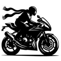 Dynamic silhouette of a biker on a sport motorcycle with flowing scarf, in a monochromatic, artistic style. vector