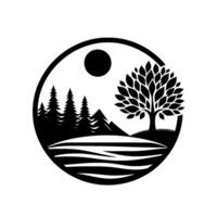 A serene, minimalist black and white landscape within a circle, featuring trees, mountains, a sun, and water, evoking tranquility. vector