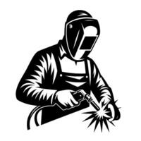Black and white silhouette of a welder in protective gear, actively welding, with a starburst effect emanating from the welding point. vector