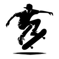 Dynamic silhouette of a skateboarder performing an aerial trick, captured in bold black and white, with precise lines and emphasis on movement. vector