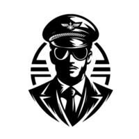 Bold black and white portrait of a pilot in aviator sunglasses, uniform, and cap with a winged crest, framed in a circular design. vector