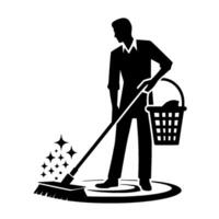 Black and white silhouette of a person mopping with a bucket, representing cleanliness and maintenance. vector