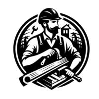 A strong carpenter with a handlebar mustache, holding a hammer, within a circular black and white design, featuring tools and a silhouette of a house and power lines. vector
