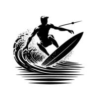 Dynamic silhouette of a surfer carving through a wave, boldly displayed in a monochrome artistic composition. vector