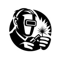 Monochrome silhouette of a welder in protective gear, demonstrating a sparkfilled welding process, set within a circular frame. vector