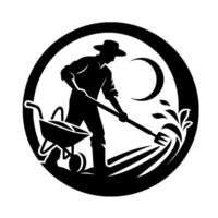 Silhouetted farmer tilling soil with pitchfork in a circular emblem, moon and wheelbarrow accentuate rural scene. vector