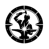 A stylized blacksmith silhouette hammering on an anvil within a circular frame, exuding a symbol of strength and craftsmanship. vector