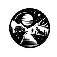 Silhouette of a family hiking in a mountain landscape under a starry night sky, a x vehicle on the edge and outer space elements. vector