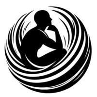 A silhouette of a pensive figure surrounded by swirling abstract lines in a black and white minimalistic style, symbolizing thought. vector