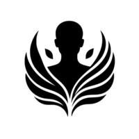 A stark, minimalist featuring a silhouetted human figure with a bald head, encircled by stylized, winglike forms and small leaflike elements, all rendered in black on a white backdrop, creating vector