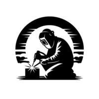 Silhouette of a kneeling welder, with helmet and torch, welding metal against an archshaped sunburstlike background, in a bold black and white design. vector