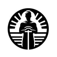 A stoic figure holding a cross, framed by a circular emblem of light, embodying strength and faith. vector