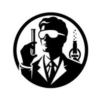 A stylized monochrome illustration of a scientist in a lab coat and goggles holding a test tube, framed in a circular with lab equipment. vector