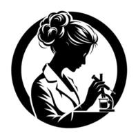 Silhouette of a female scientist in a lab coat, examining a specimen under a microscope, encapsulated in a black circular frame. vector
