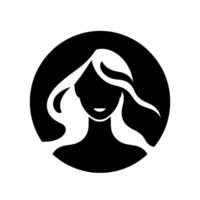 Simplified silhouette portrait of a woman with flowing hair contained within a black circle, set against a white background, exuding minimalism and grace. vector