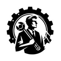 A stylized engineer silhouette holding a wrench, set within a gear, embodying mechanical precision and professional competence. vector