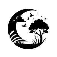 Silhouette of a crescentframed nature scene featuring a tree, birds, clouds, grass, and stars, in a clean black and white design. vector