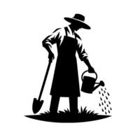 A stylized silhouette of a gardener tending to a patch of grass, with a shovel, apron, hat, and watering can. vector