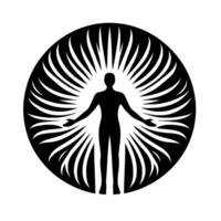 A stylized silhouette of a human figure with outstretched arms, radiating outwards from within a surrounding circle of stylized light rays, evoking a sense of enlightenment. vector